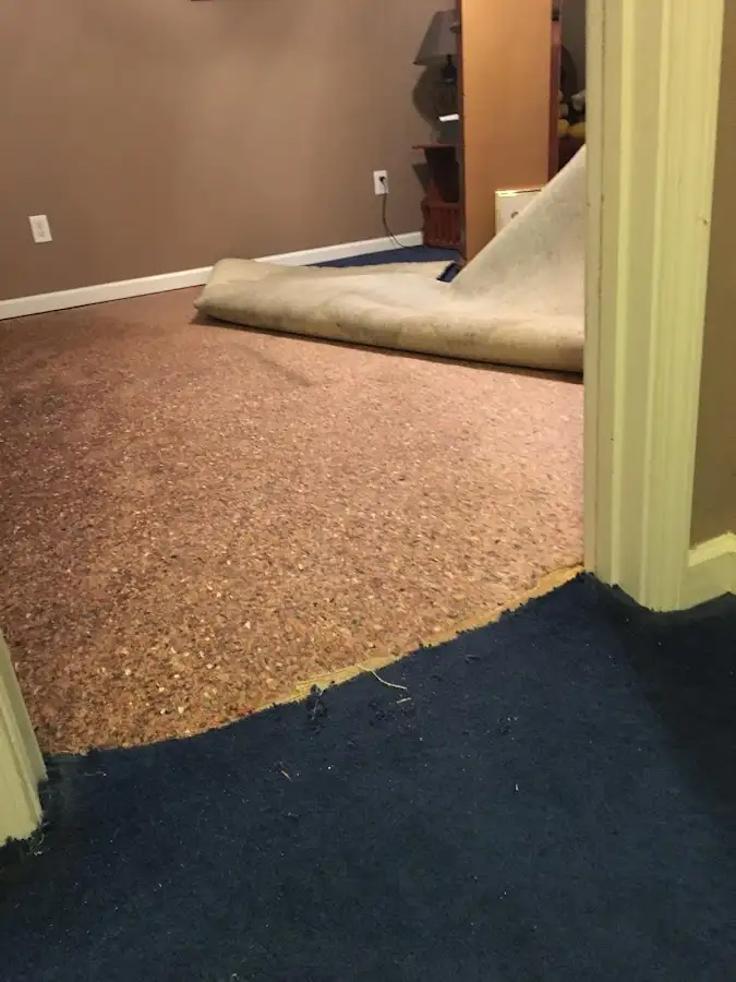 Carpet pad removal revealing water damage during Drying & Dehumidification in Gantt